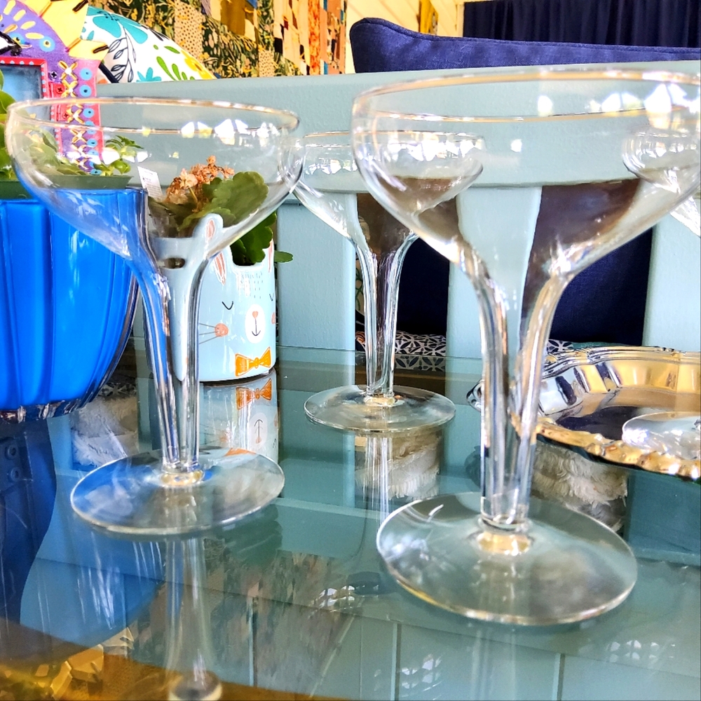 Set of Four Matching Vintage Lead Glass Hollow Stem Champagne Glasses